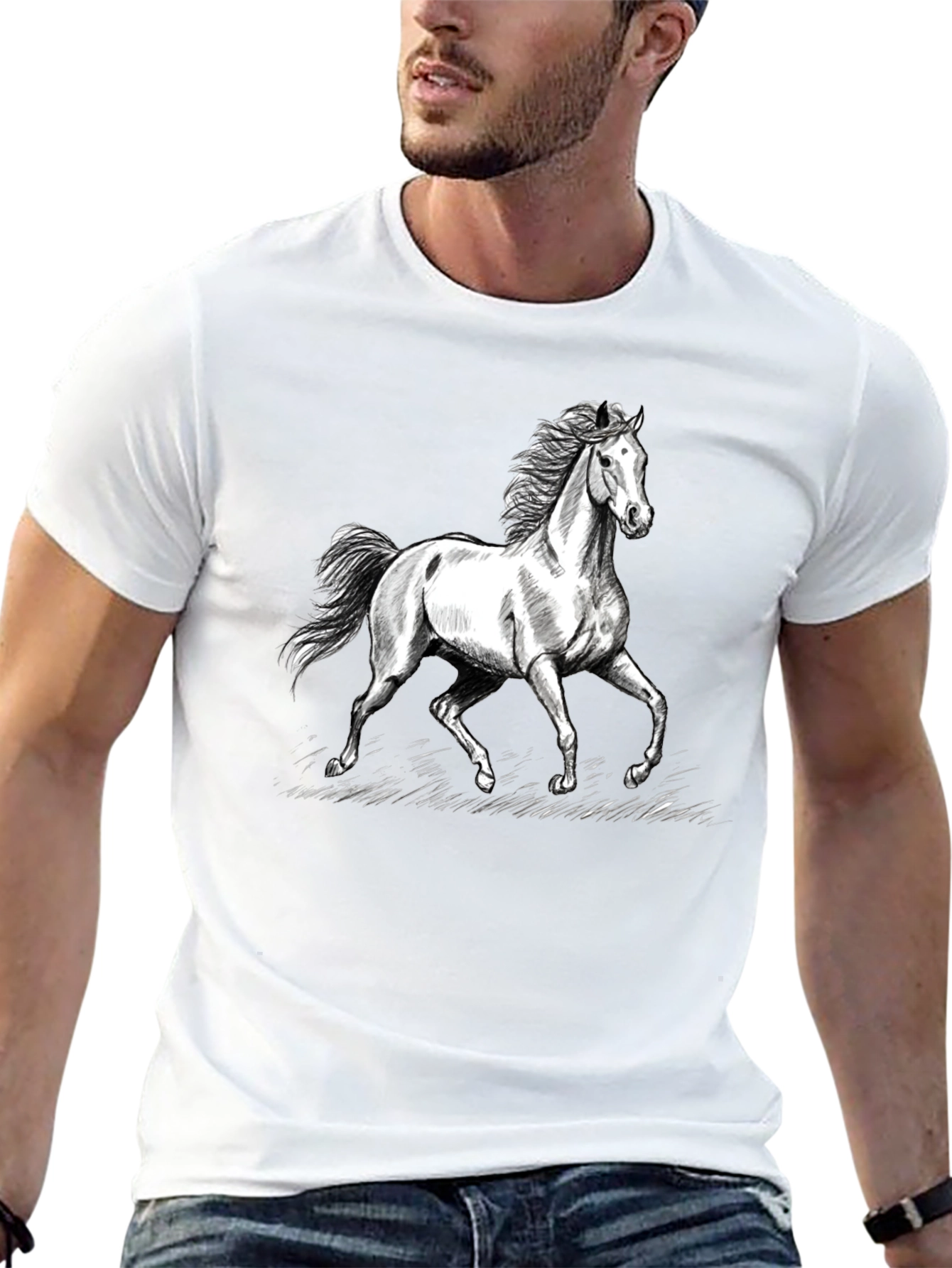 Black Horse Graphic Tee - Black Cotton Casual T-Shirt view 13