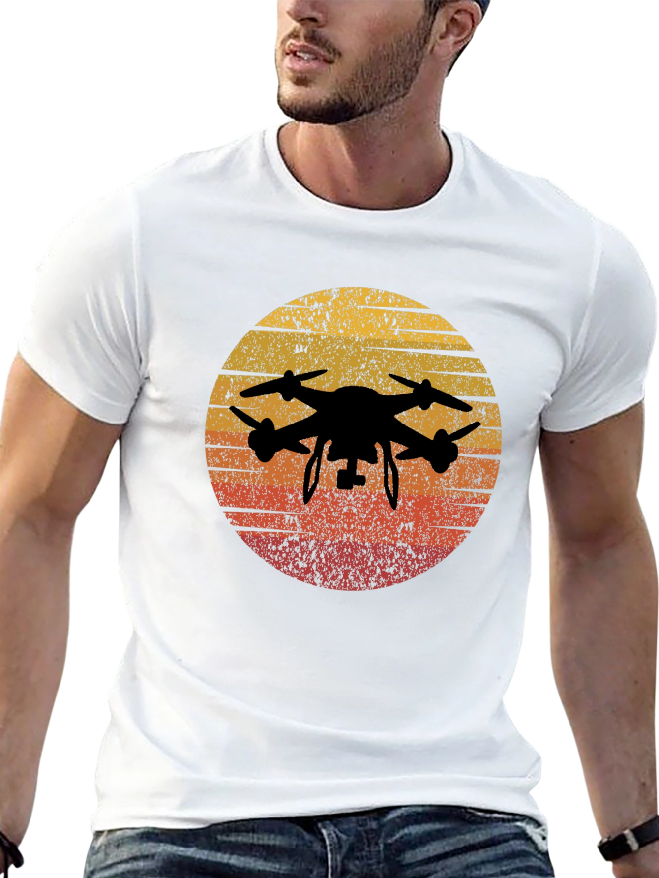 Retro Sunset Drone Graphic Tee -  Vintage Style Black T-Shirt - 13