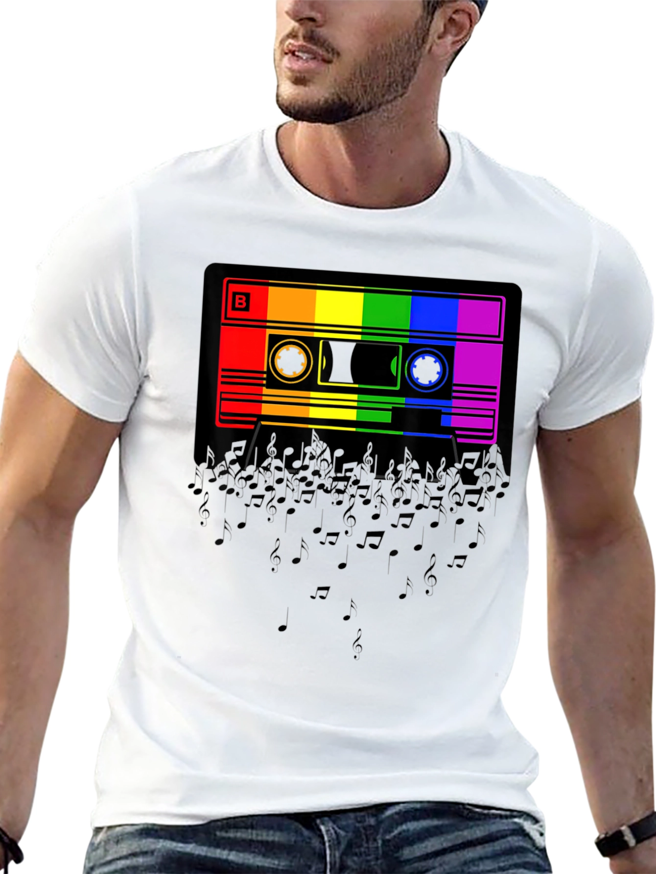 Black Rainbow Cassette Tape Music Notes Graphic T-Shirt view 13