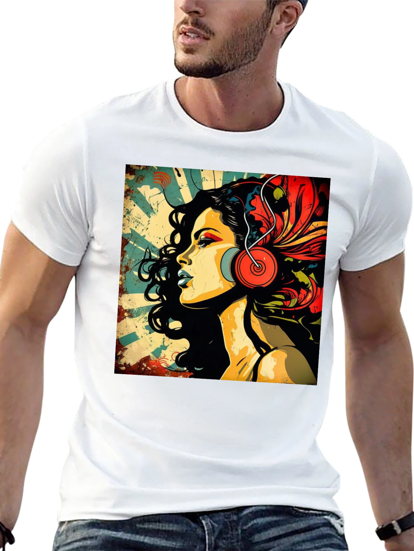Black Retro Woman with Headphones Graphic Tee view 13