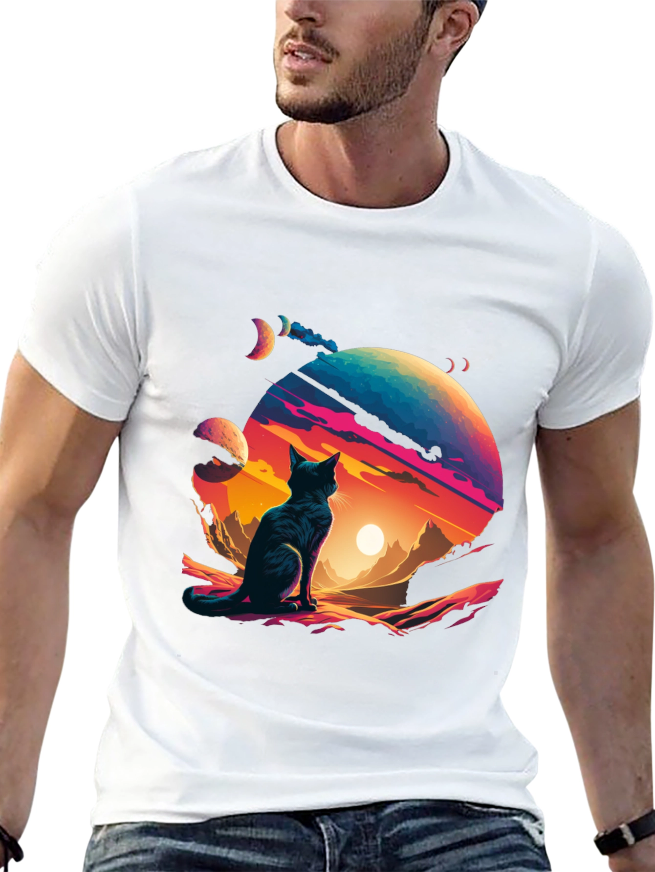 Black Cosmic Cat T-Shirt - Stylish Galaxy Design view 13