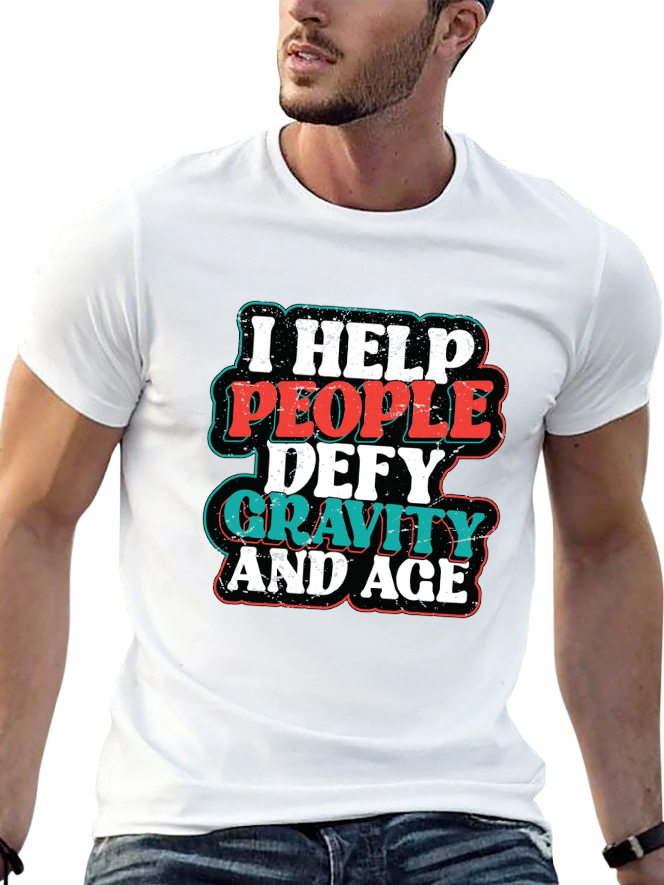 Black I Help People Defy Gravity and Age T-Shirt view 13