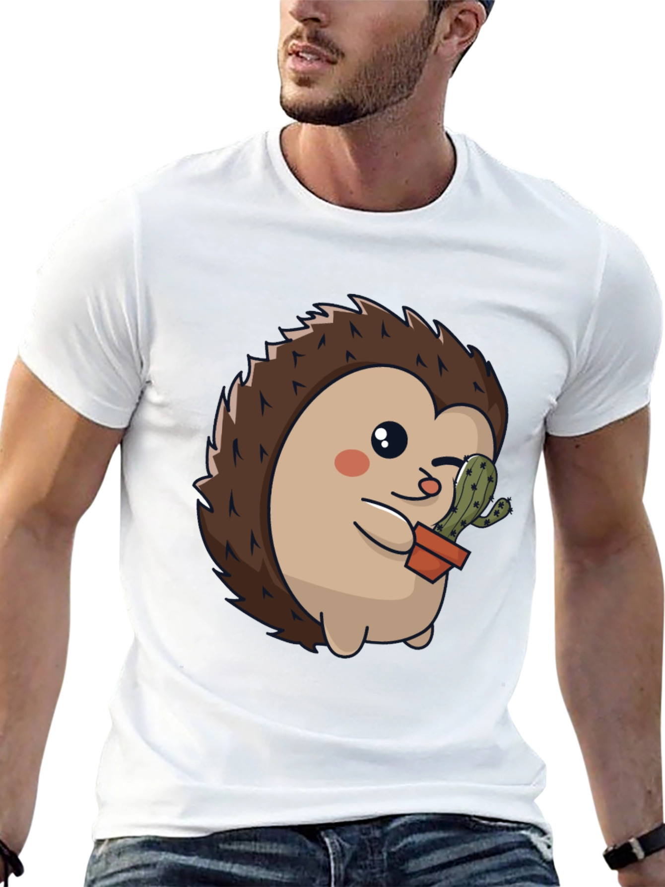 Black Cute Hedgehog with Cactus Graphic Tee view 13