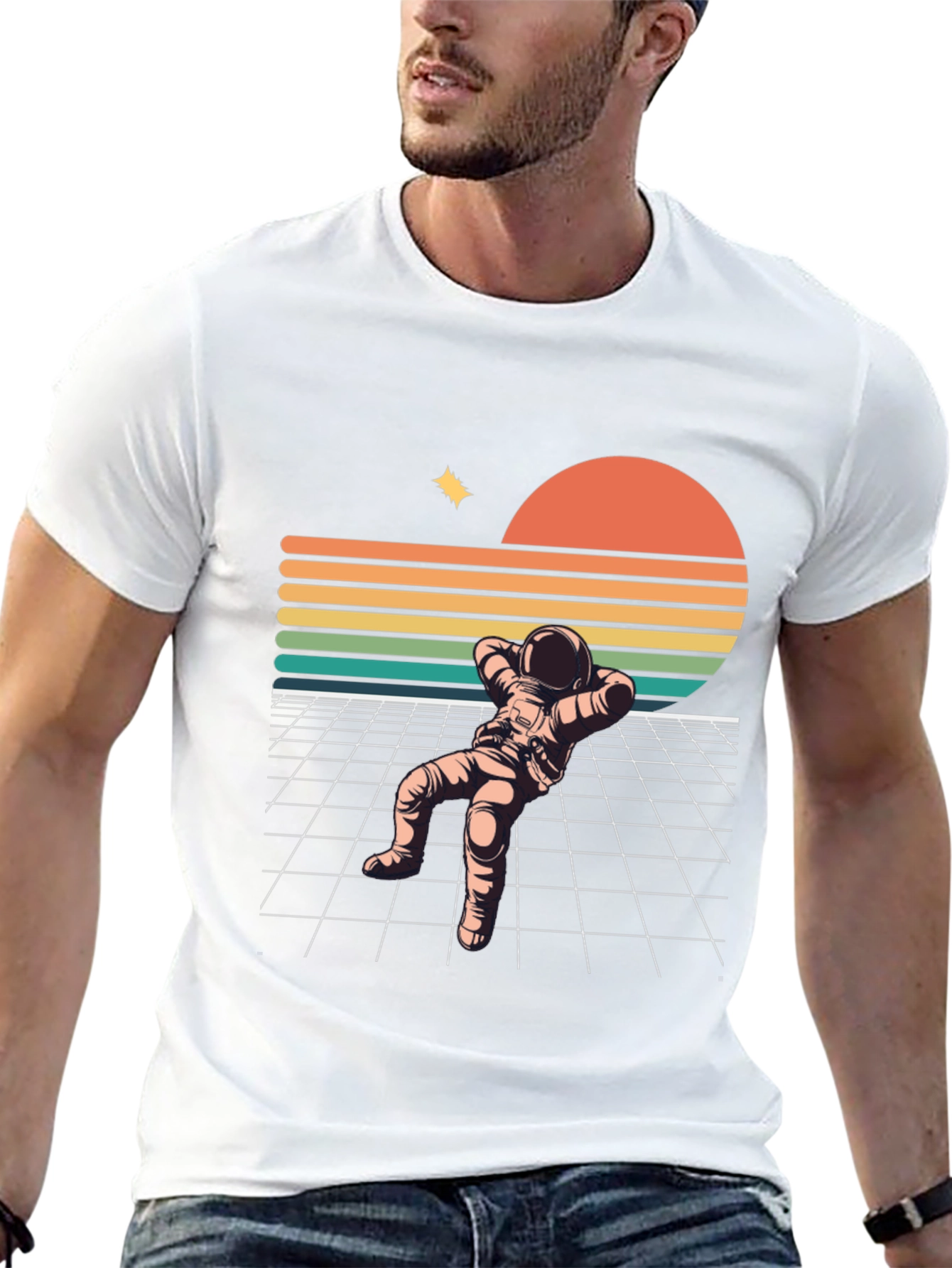 Black Retro Astronaut Relaxing Black T-Shirt view 13