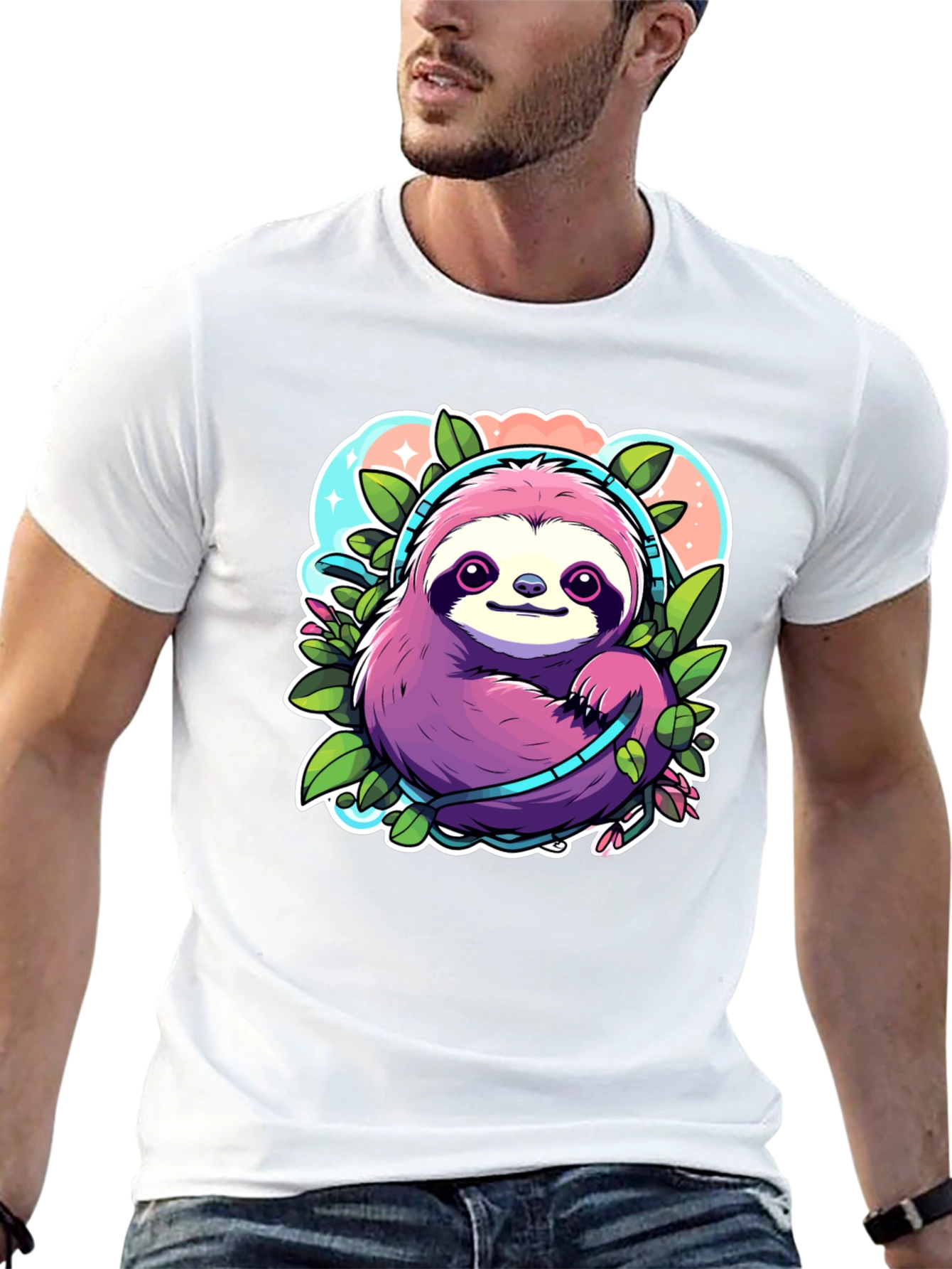 Black Sloth Headphones Graphic Tee - Cute Cartoon Animal Shirt view 13