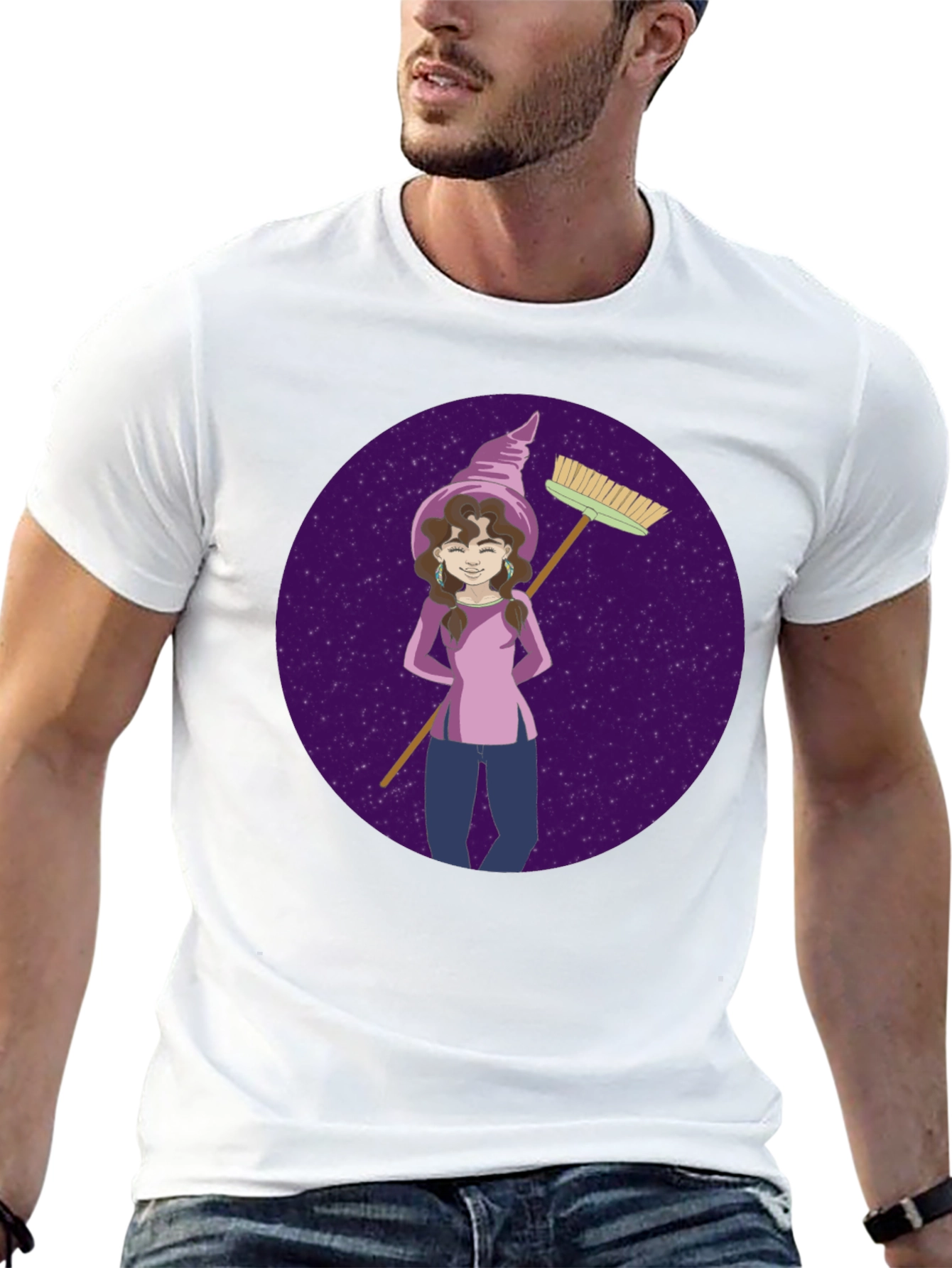 Black Whimsical Witch Graphic Tee - Broom & Stars Design view 13