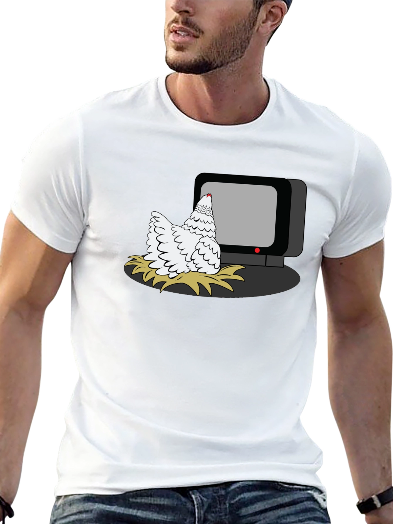 Black Chicken Watching TV Graphic T-Shirt view 13