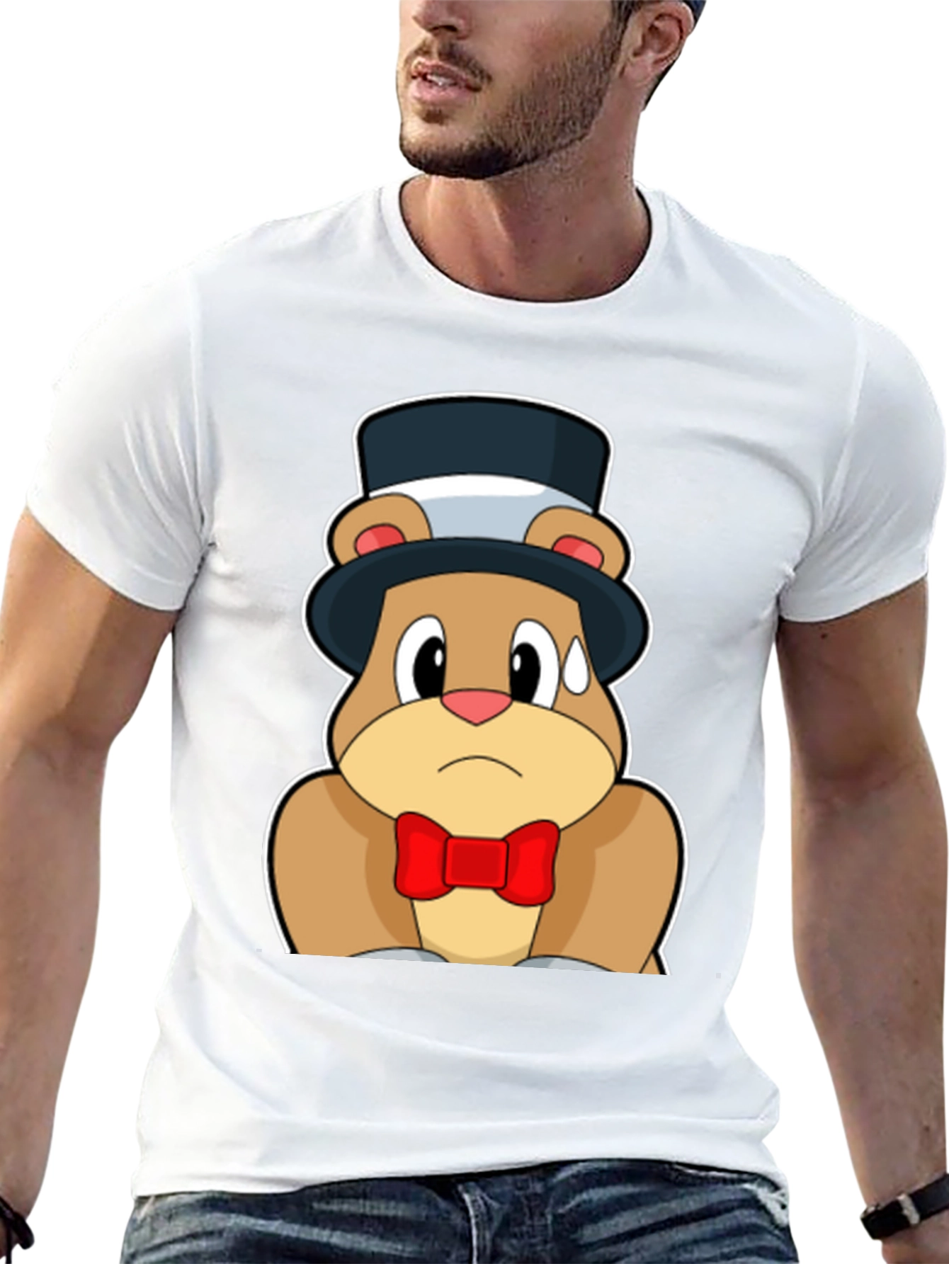 Black Cartoon Bear Top Hat Bowtie Black T-Shirt view 13