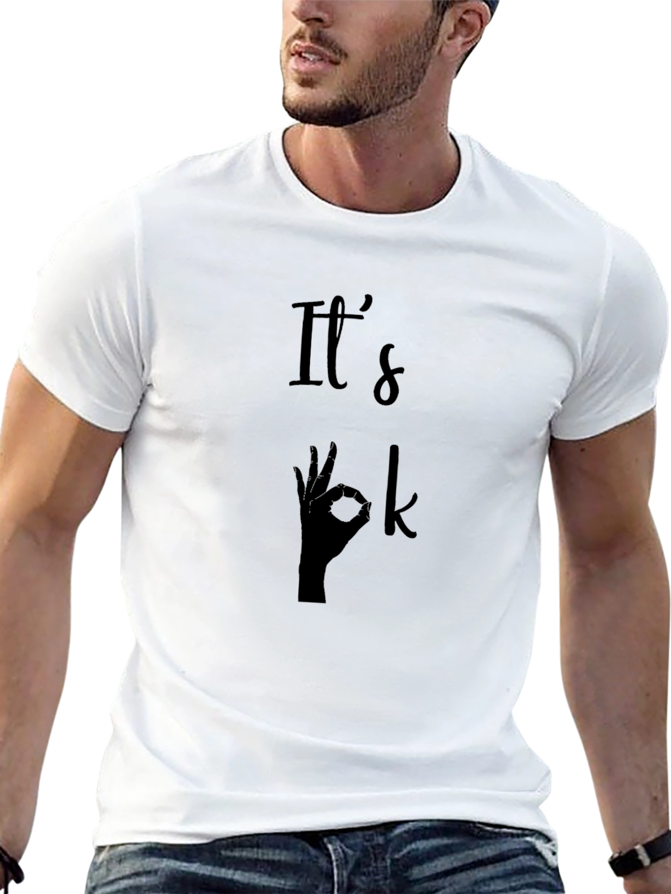 Black It's Ok Hand Gesture Graphic T-Shirt - Men's Black Tee view 13
