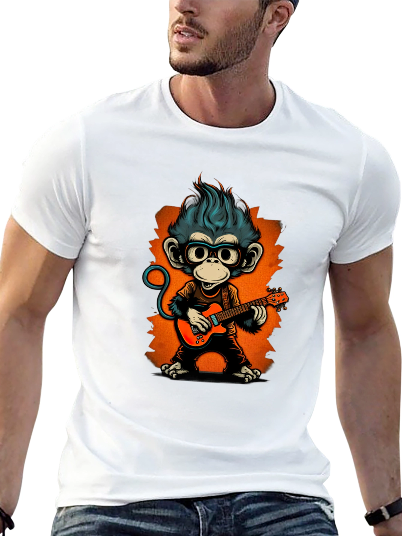 Black Cool Monkey Guitarist Graphic Tee view 13