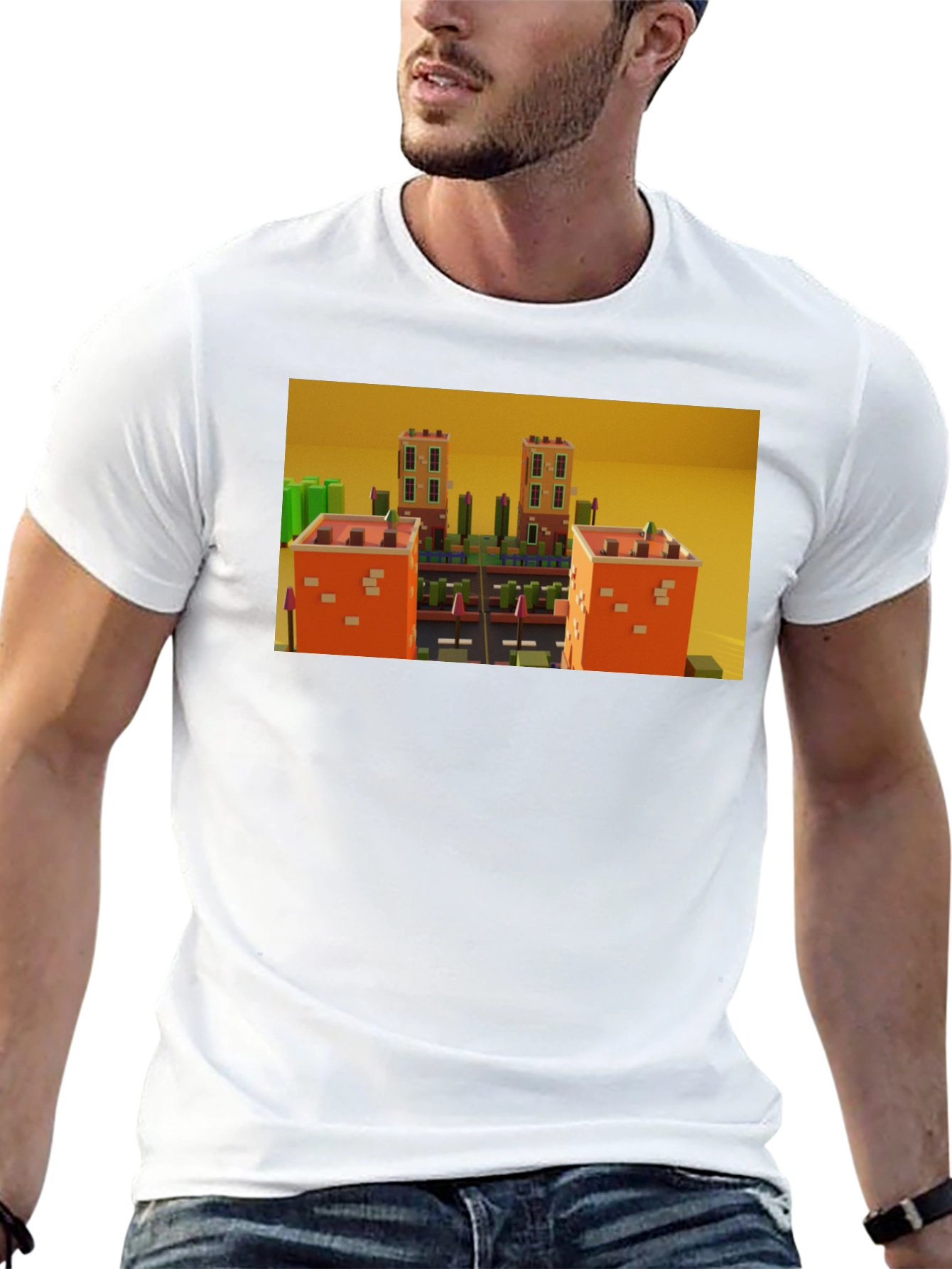 Black Black T-Shirt with 3D Cityscape Design view 13