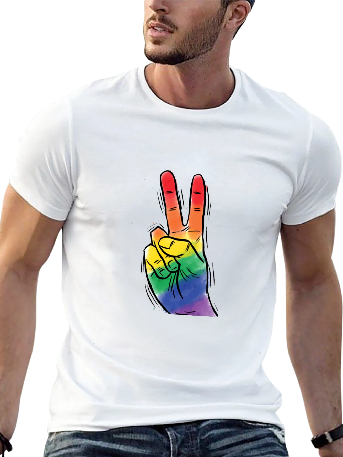 Black Rainbow Peace Sign Graphic Tee - Black Cotton T-Shirt view 13