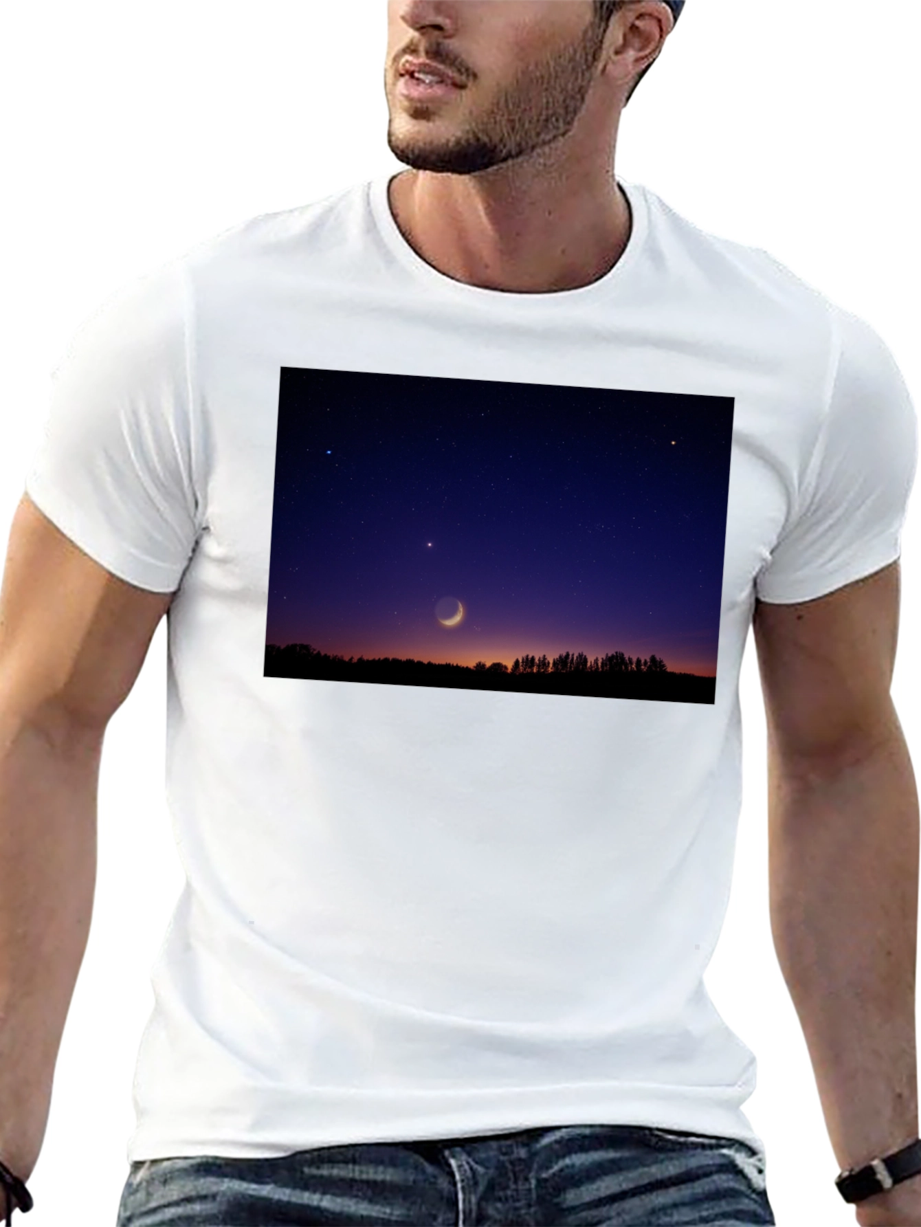 Black Men's Black T-Shirt with Night Sky Crescent Moon Design view 13