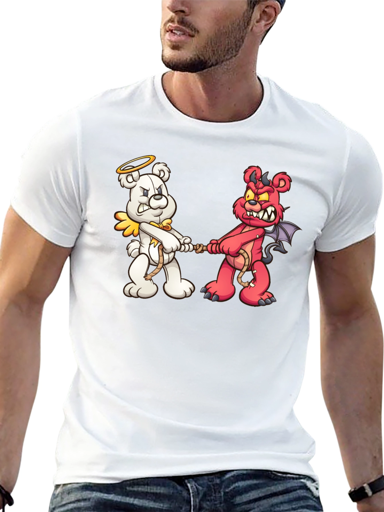 Black Angel vs. Devil Bear Tug-of-War Graphic T-Shirt view 13
