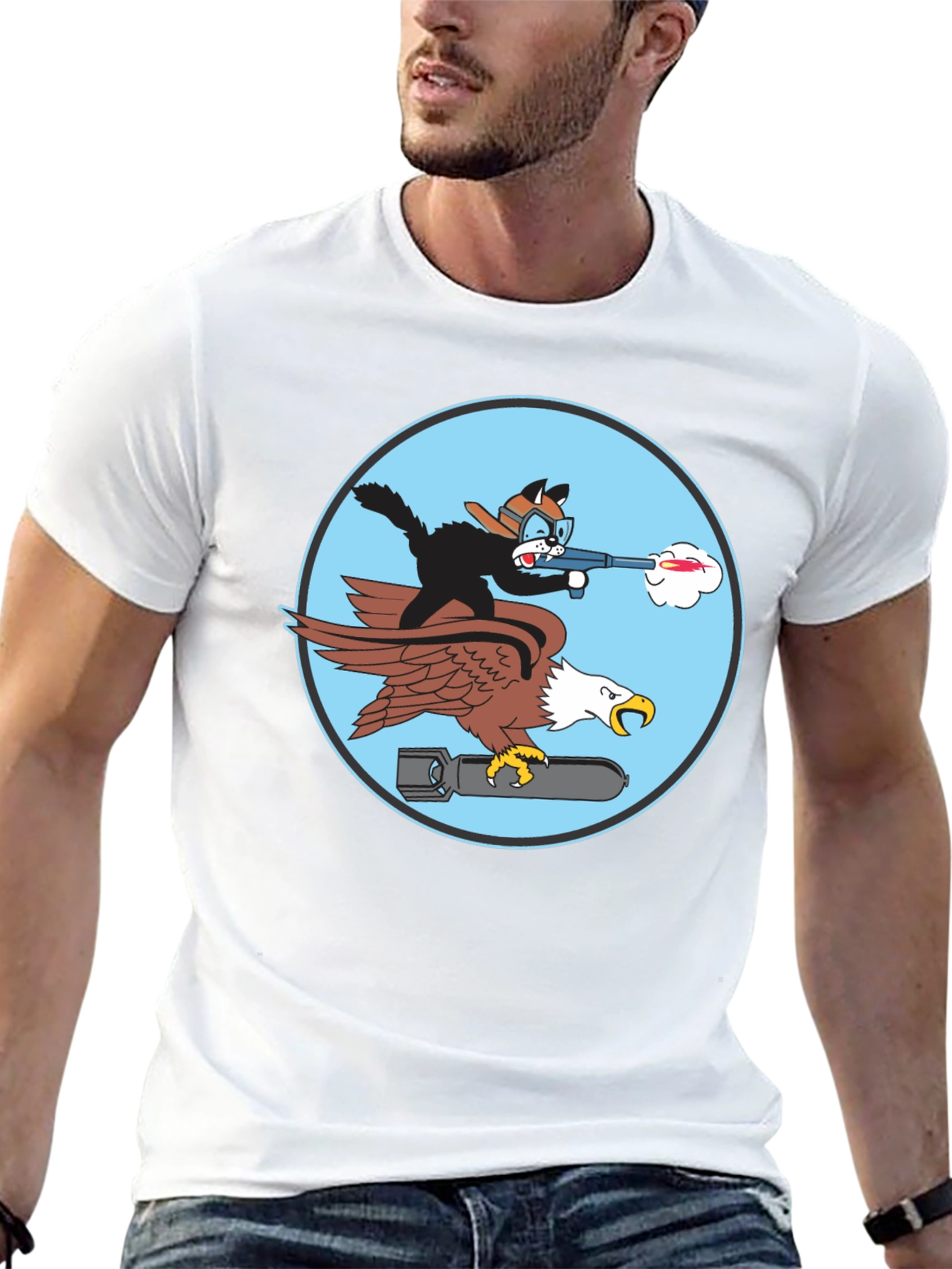 Black Cartoon Cat & Eagle T-Shirt - Funny Graphic Tee view 13