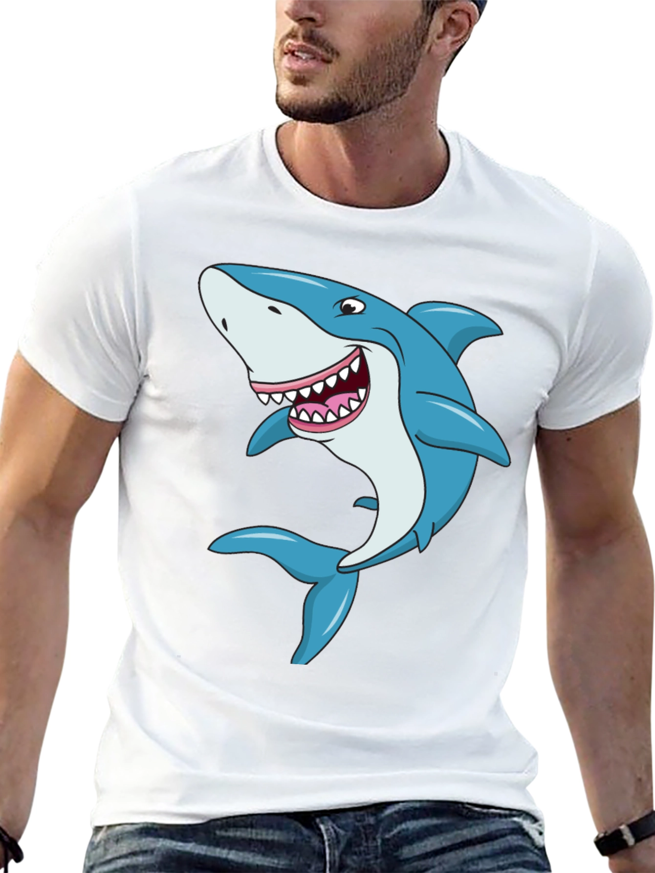 Black Cartoon Shark Graphic Tee - Black Cotton T-Shirt view 13