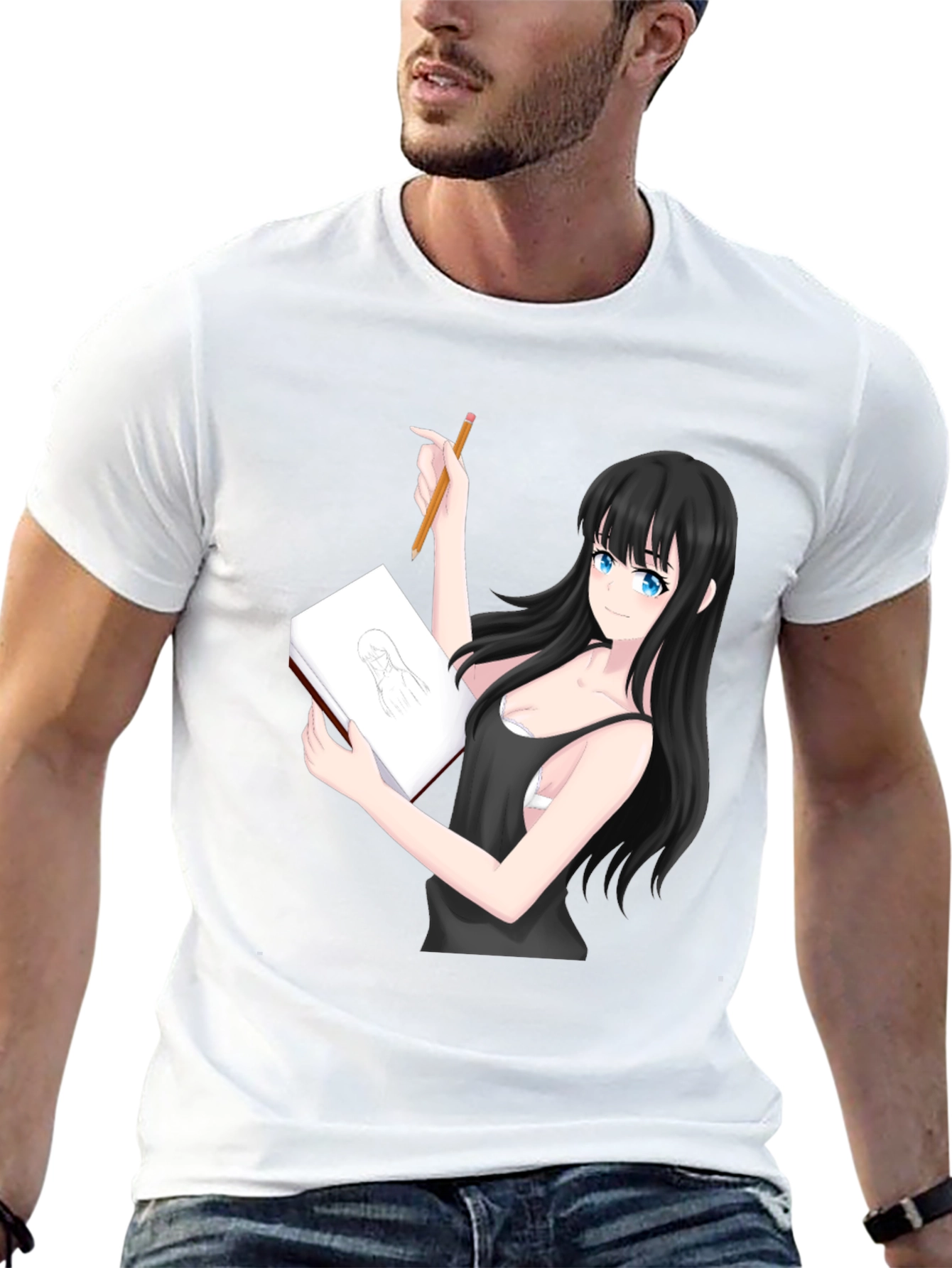 Black Anime Girl Sketch T-Shirt - Unique Design view 13
