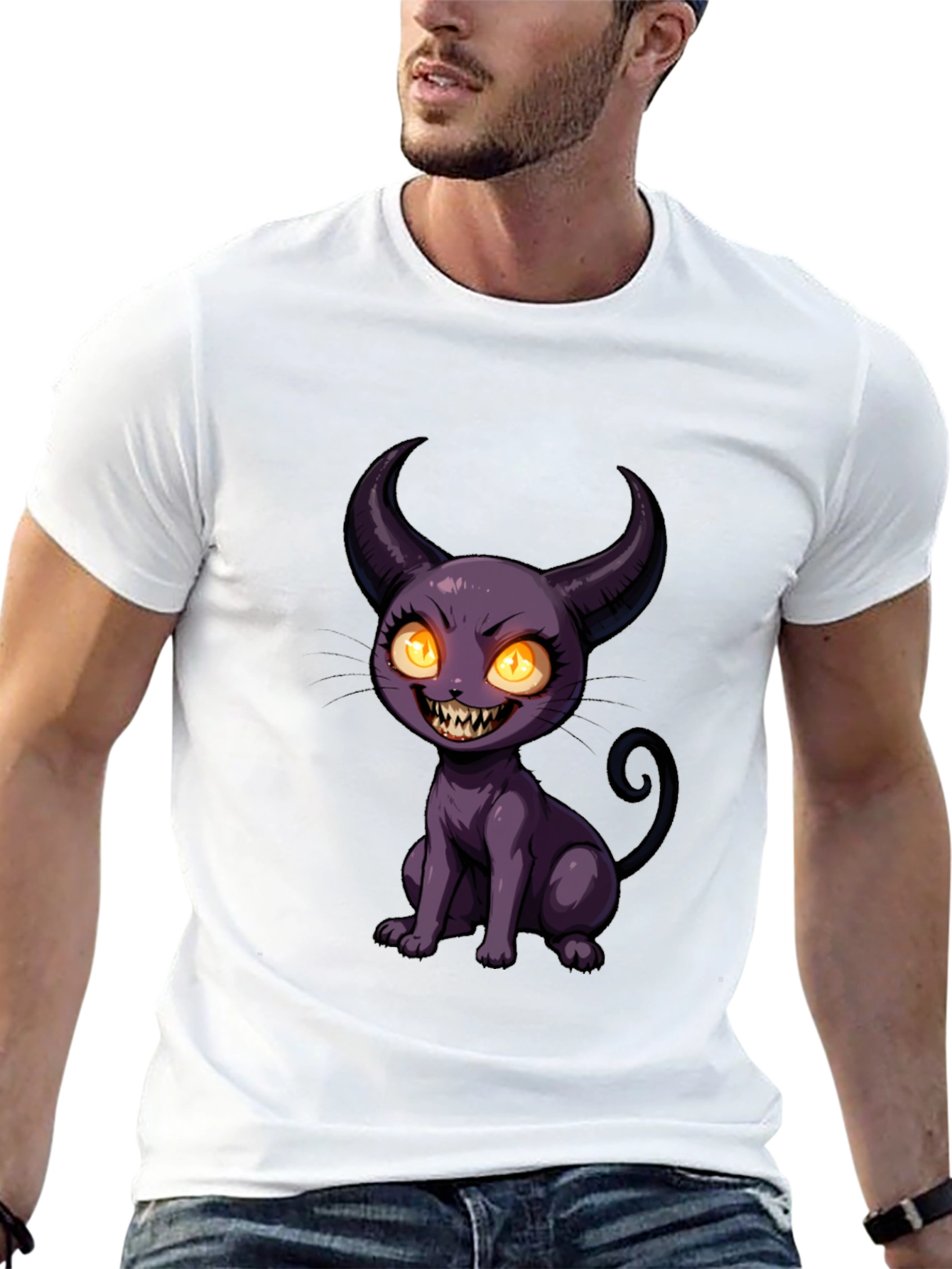 Black Black T-Shirt with Cartoon Devil Cat Print view 13