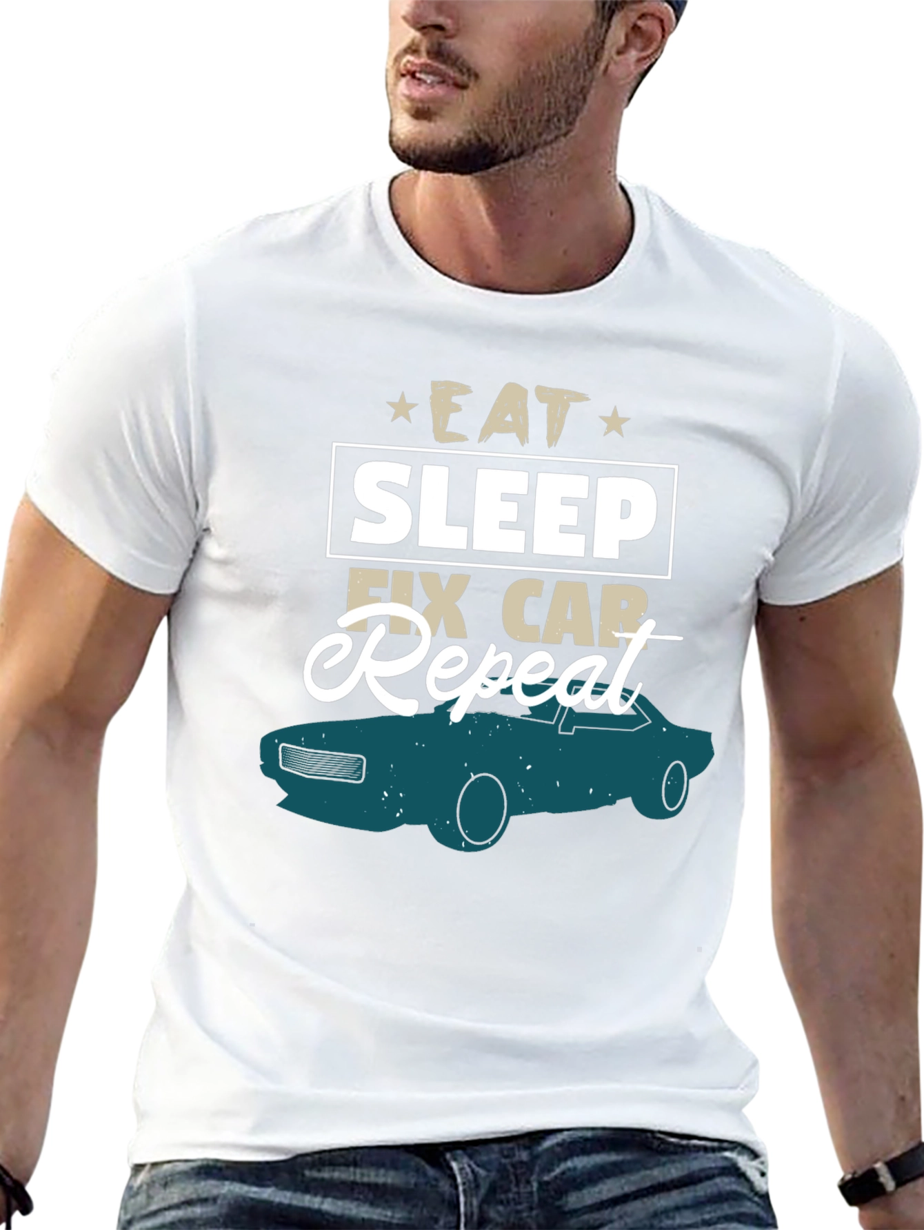 Black Eat Sleep Fix Car Repeat Graphic Tee view 13