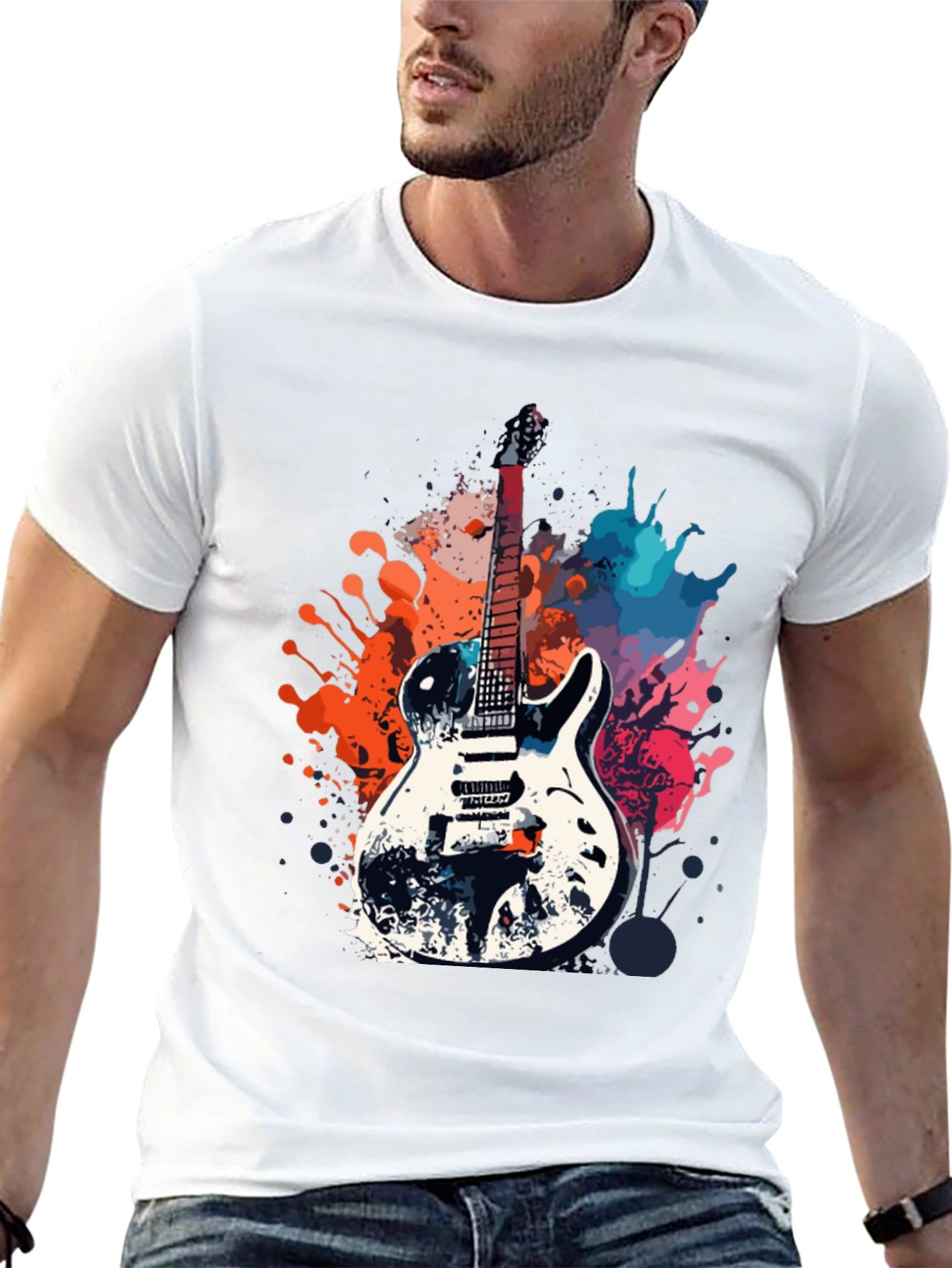 Black Guitar Splash Graphic T-Shirt - Rock Style Tee view 13