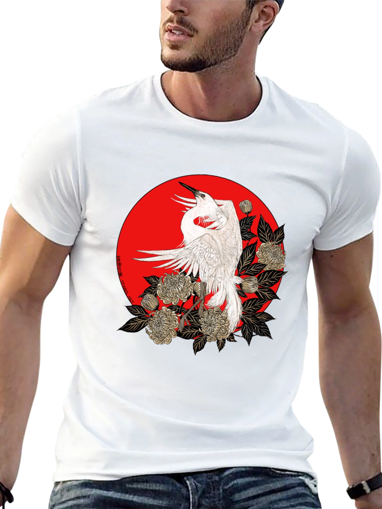 Crane and Floral Design Black Tee - 13