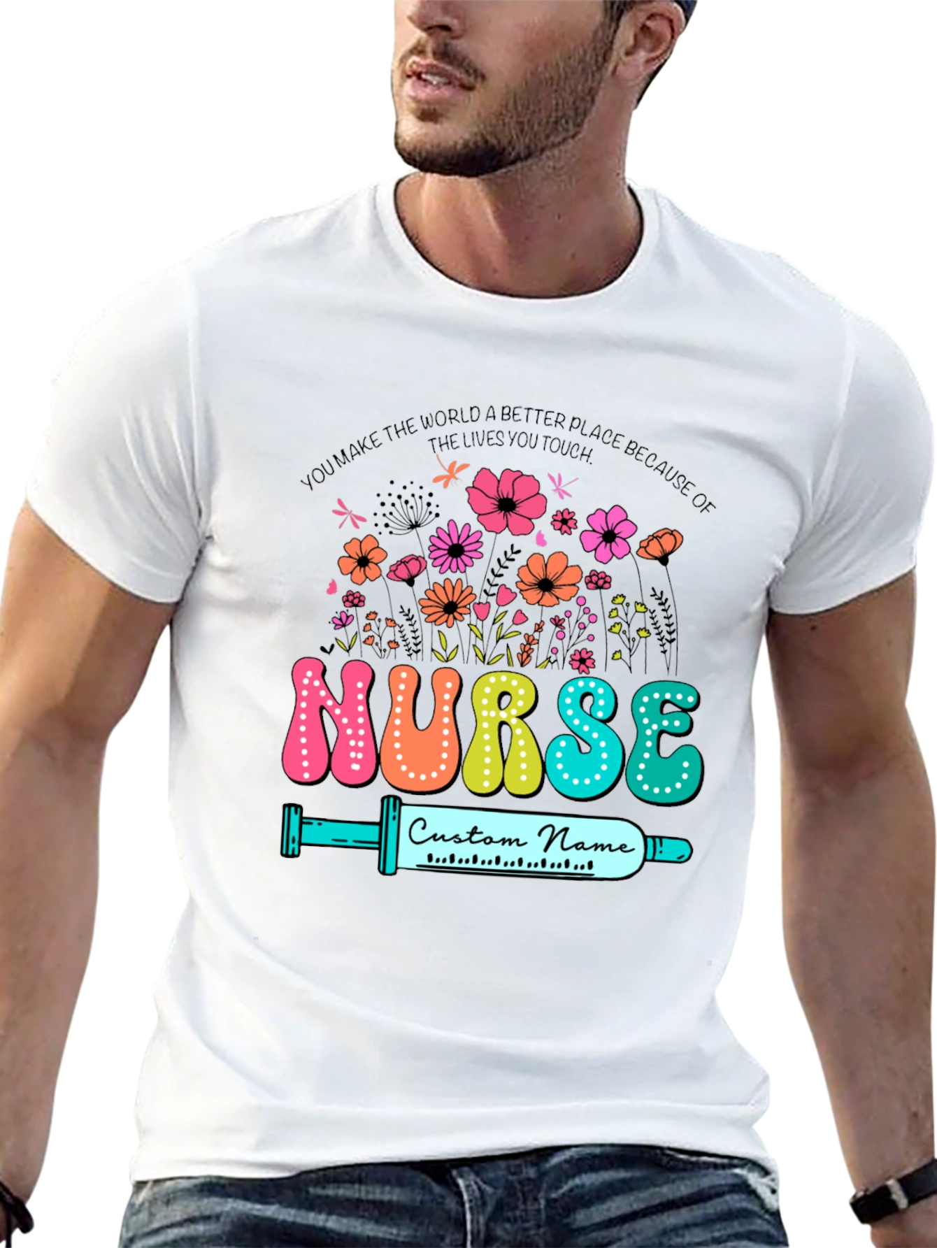 Black Floral Nurse Custom Name T-Shirt view 13