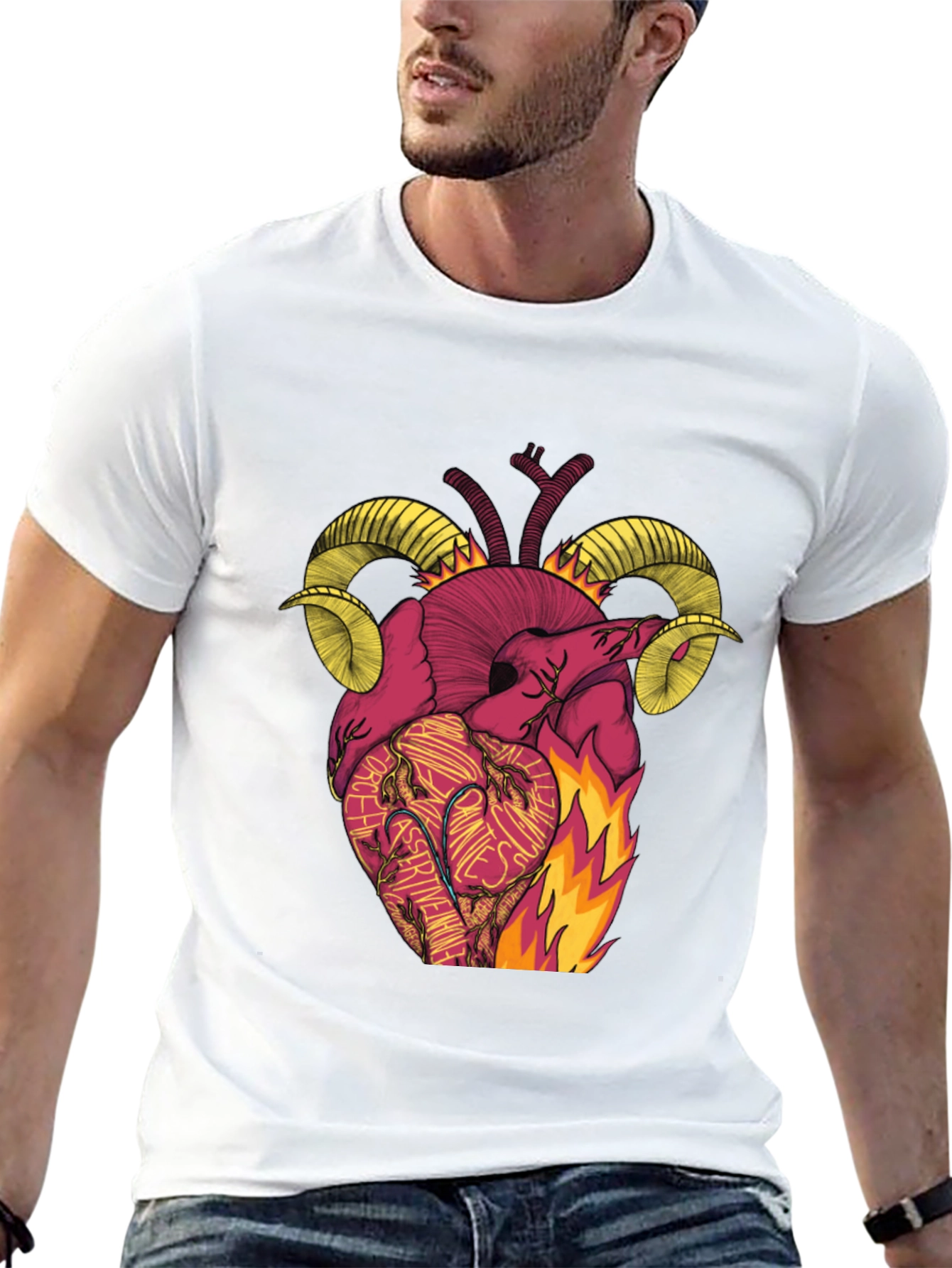 Black Fiery Heart Ram Horn Graphic Tee view 13