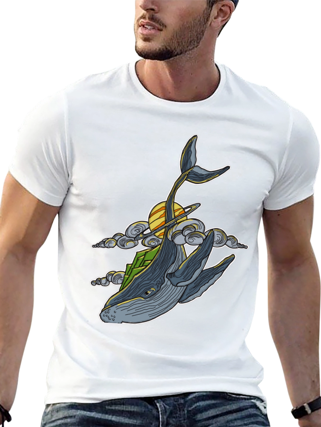 Black Whimsical Whale T-Shirt - Celestial Ocean Design view 13