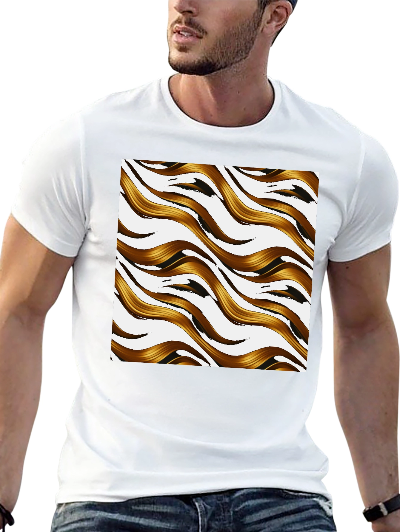 Black Golden Waves Graphic Print Black T-Shirt view 13