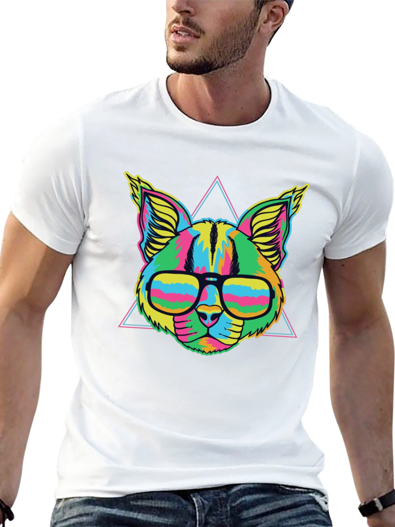 Black Vibrant Neon Cat T-Shirt with Glasses view 13