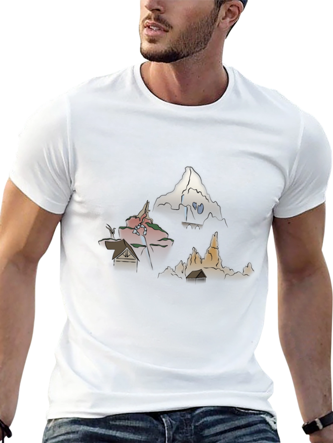 Black Men's Graphic Tee - Cartoon Landscape Print view 13