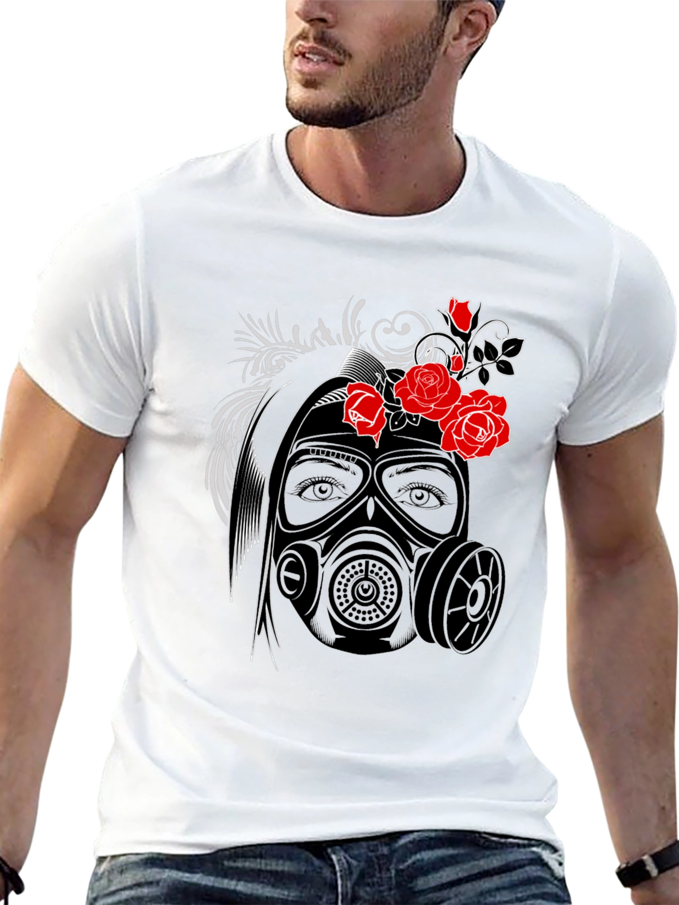 Black Gas Mask Rose Graphic T-Shirt view 13
