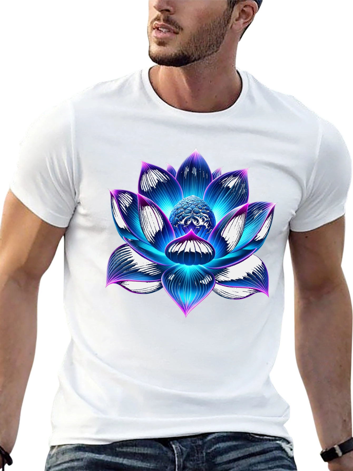 Black Blue Lotus Flower Graphic T-Shirt - Artistic Design view 13