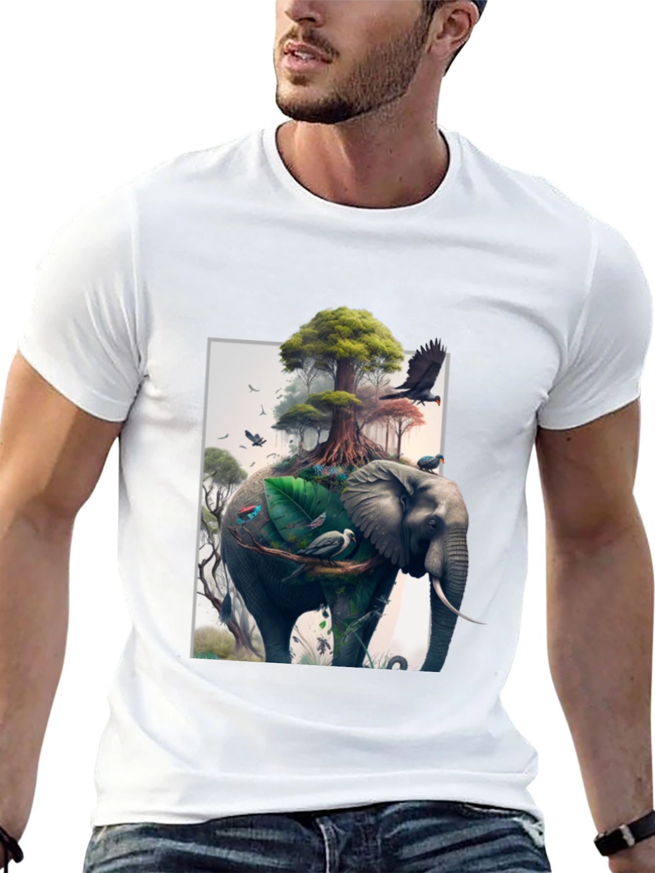 Black Nature Elephant Print Black T-Shirt view 13