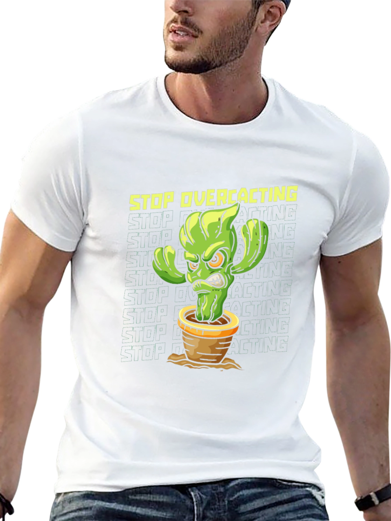 Black Stop Overcacting T-Shirt - Funny Cactus Graphic Tee view 13