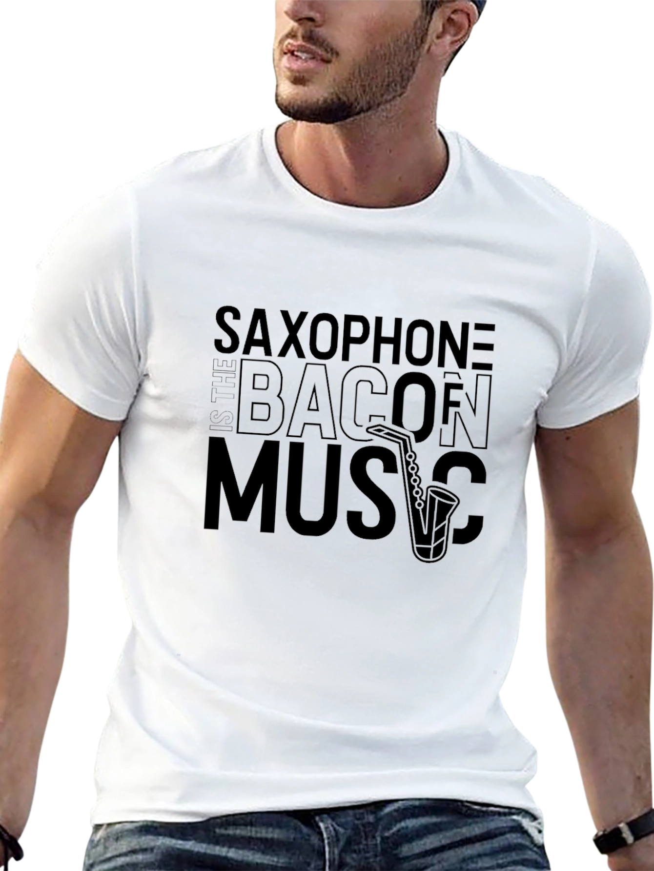 Black Saxophone Bacon Music T-Shirt - Unique Graphic Tee view 13