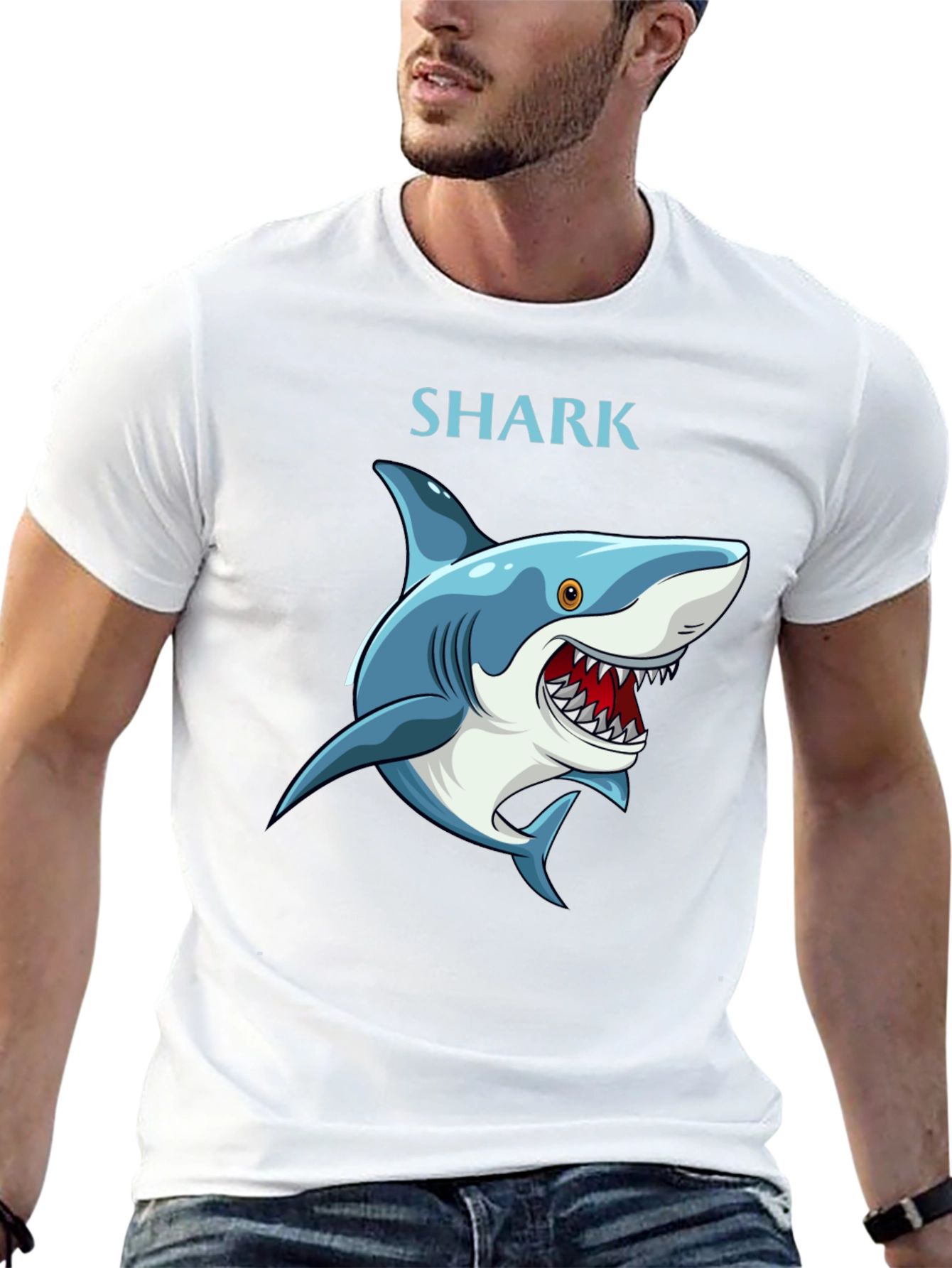 Cartoon Shark Graphic T-Shirt - Black Cotton Tee - 13
