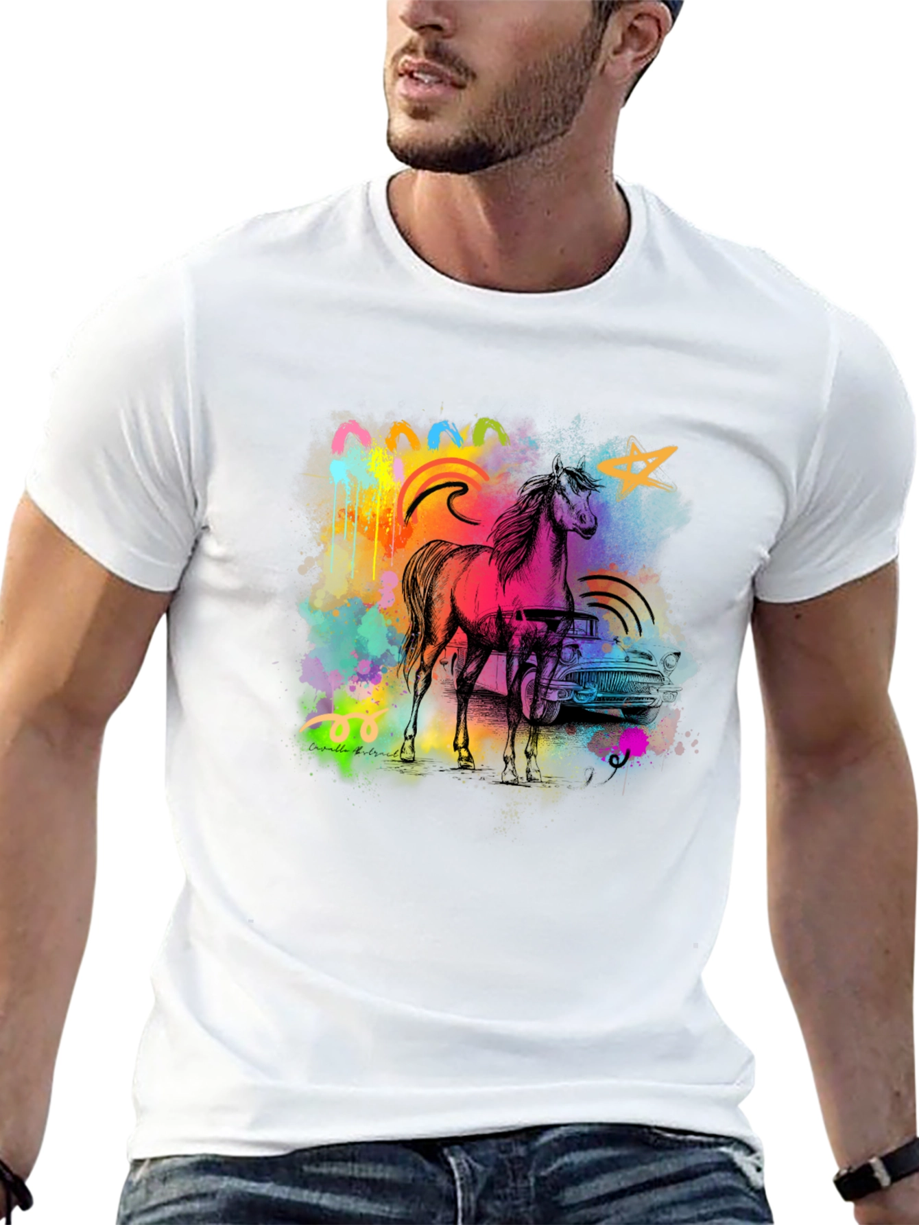 Black Vibrant Horse & Car Graphic Print Black T-Shirt view 13