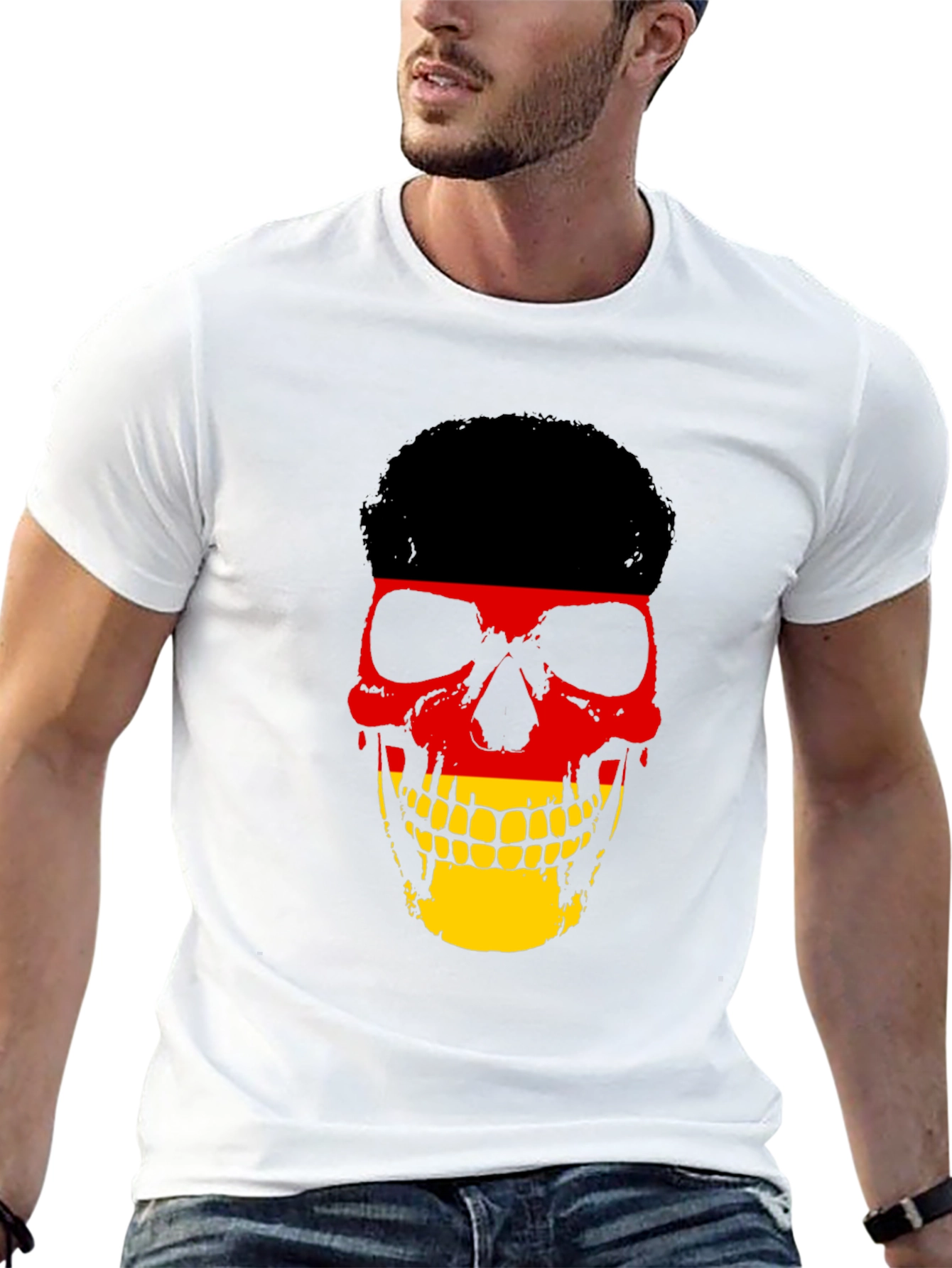 Black German Flag Skull Graphic Tee - Black Cotton T-Shirt view 13