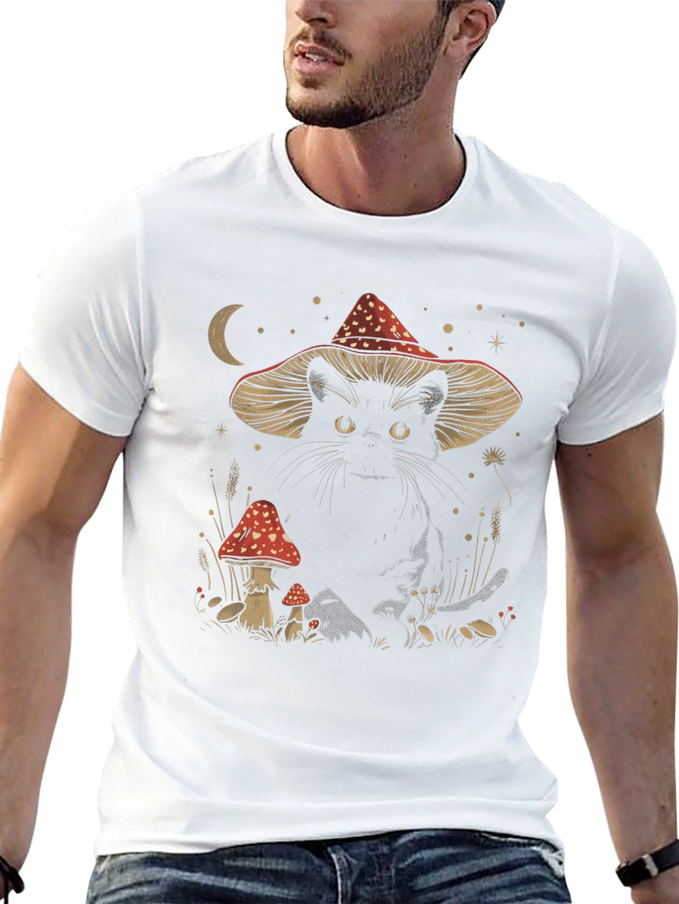Black Cat in Mushroom Hat T-Shirt - Whimsical Graphic Tee view 13
