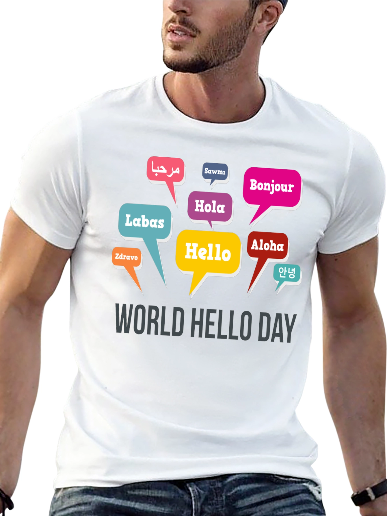 Black World Hello Day T-Shirt - Multilingual Greetings view 13