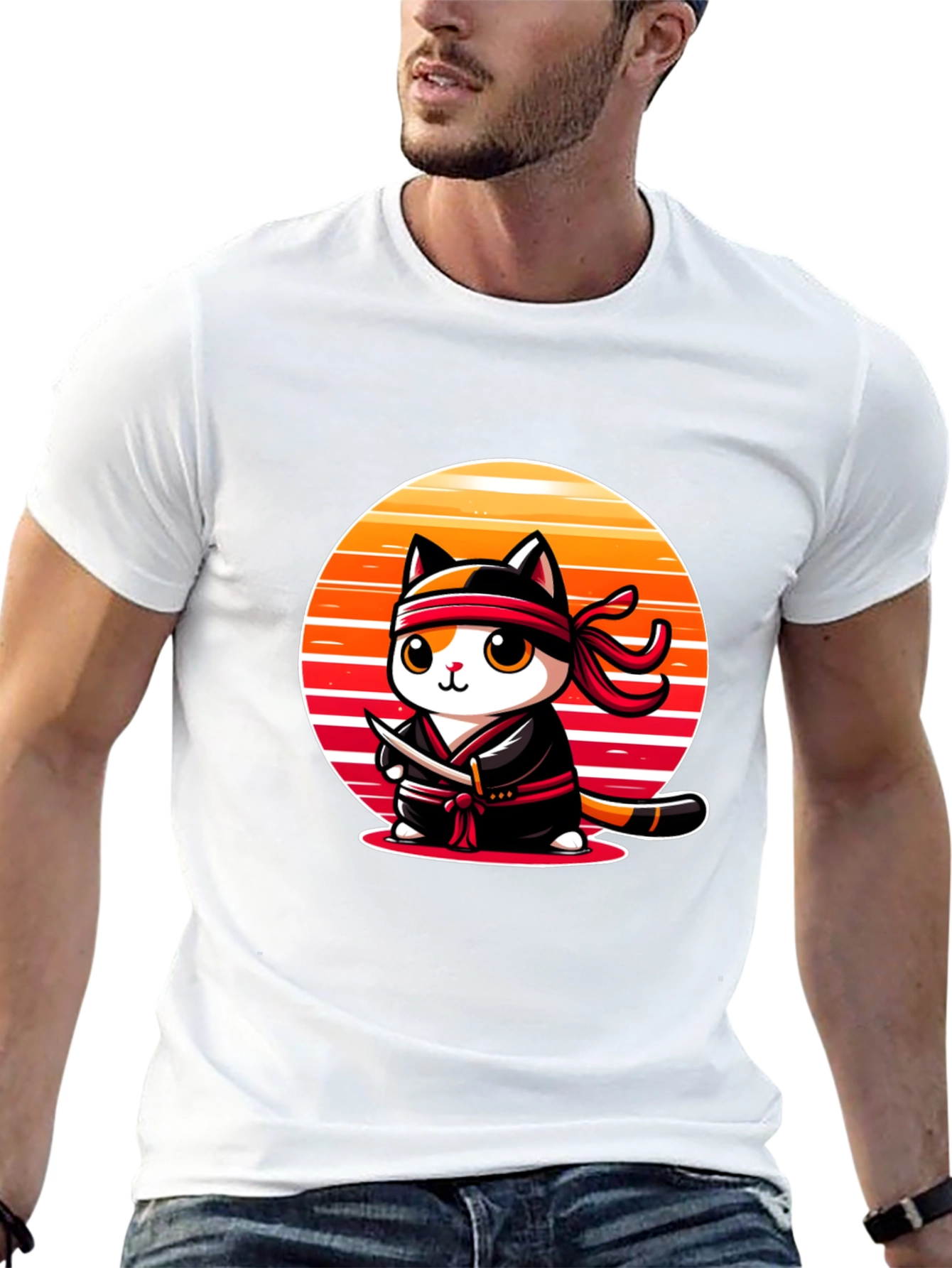 Black Ninja Cat T-Shirt: Sunset Samurai Kitten view 13