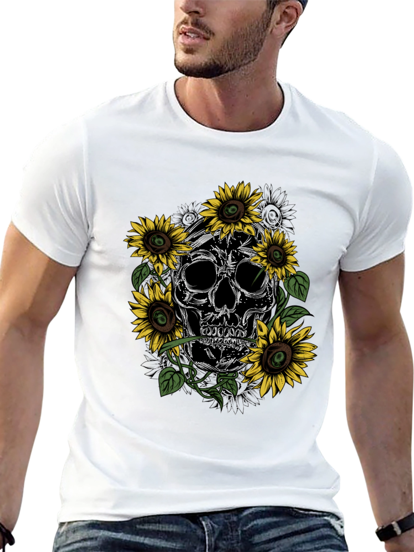 Black Skull & Sunflower Graphic Tee - Men's Black T-Shirt view 13