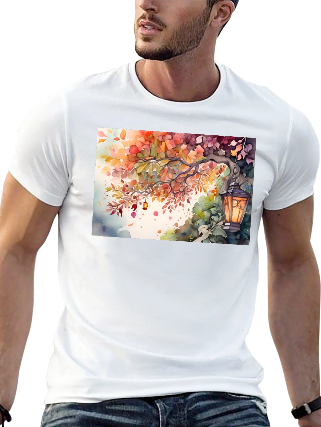 Black Watercolor Autumn Scene T-Shirt view 13
