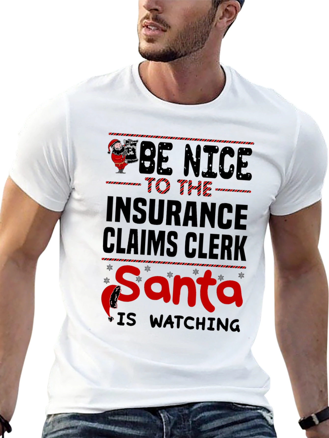 Black Insurance Claims Clerk Santa Watching T-Shirt view 13