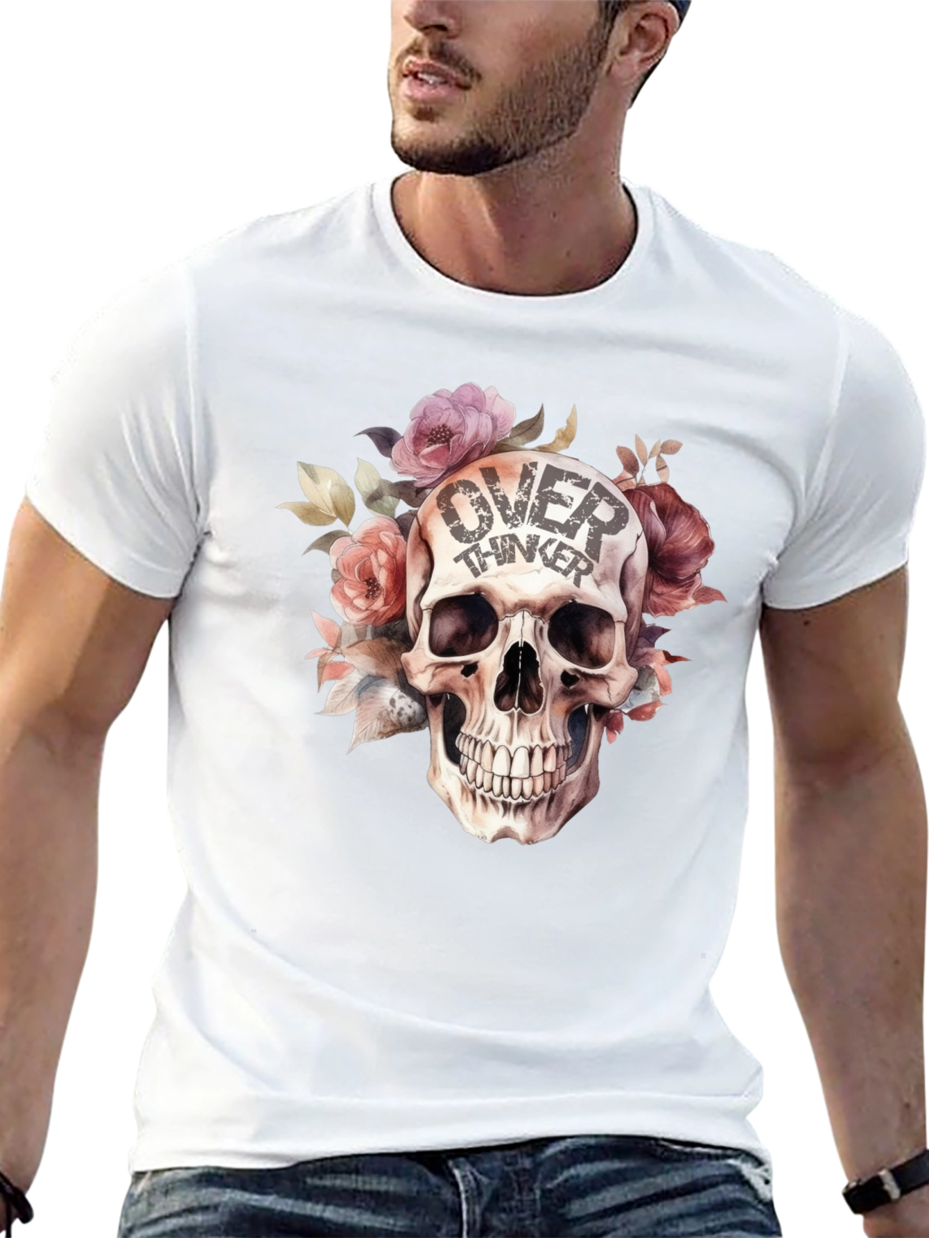 Black Over Thinker Skull Graphic T-Shirt - Stylish Floral Design view 13