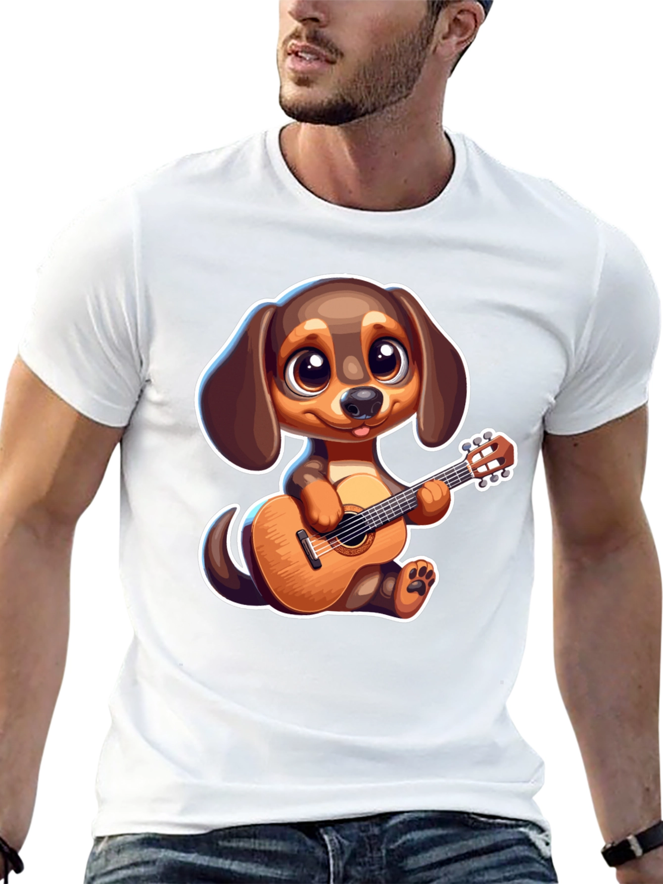 Black Cartoon Dog Playing Guitar T-Shirt view 13