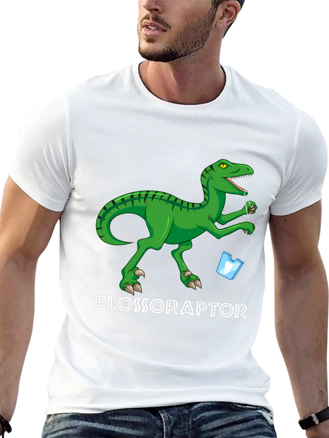 Black Flossoraptor Graphic Tee - Dental Humor Dinosaur T-Shirt view 13