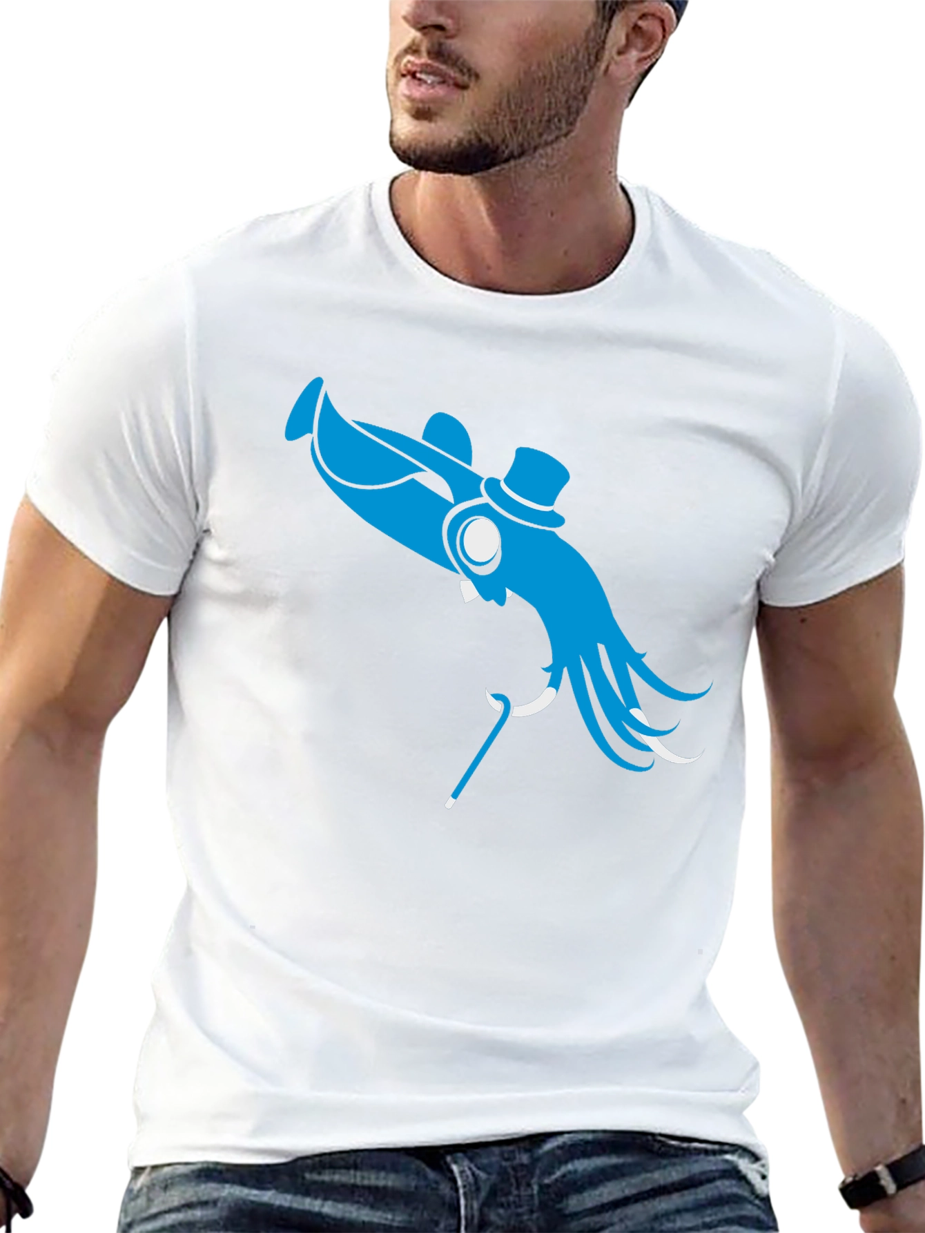 Black Blue Octopus Top Hat Cane T-Shirt - Unique Design view 13