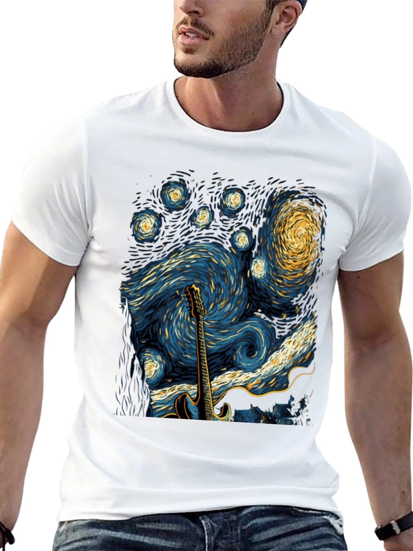 Black Starry Night Guitar T-Shirt view 13